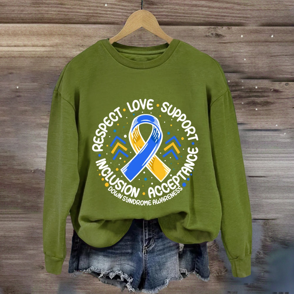 Respect Love Support Down Syndrome Awareness Blue Ribbon Sweatshirt