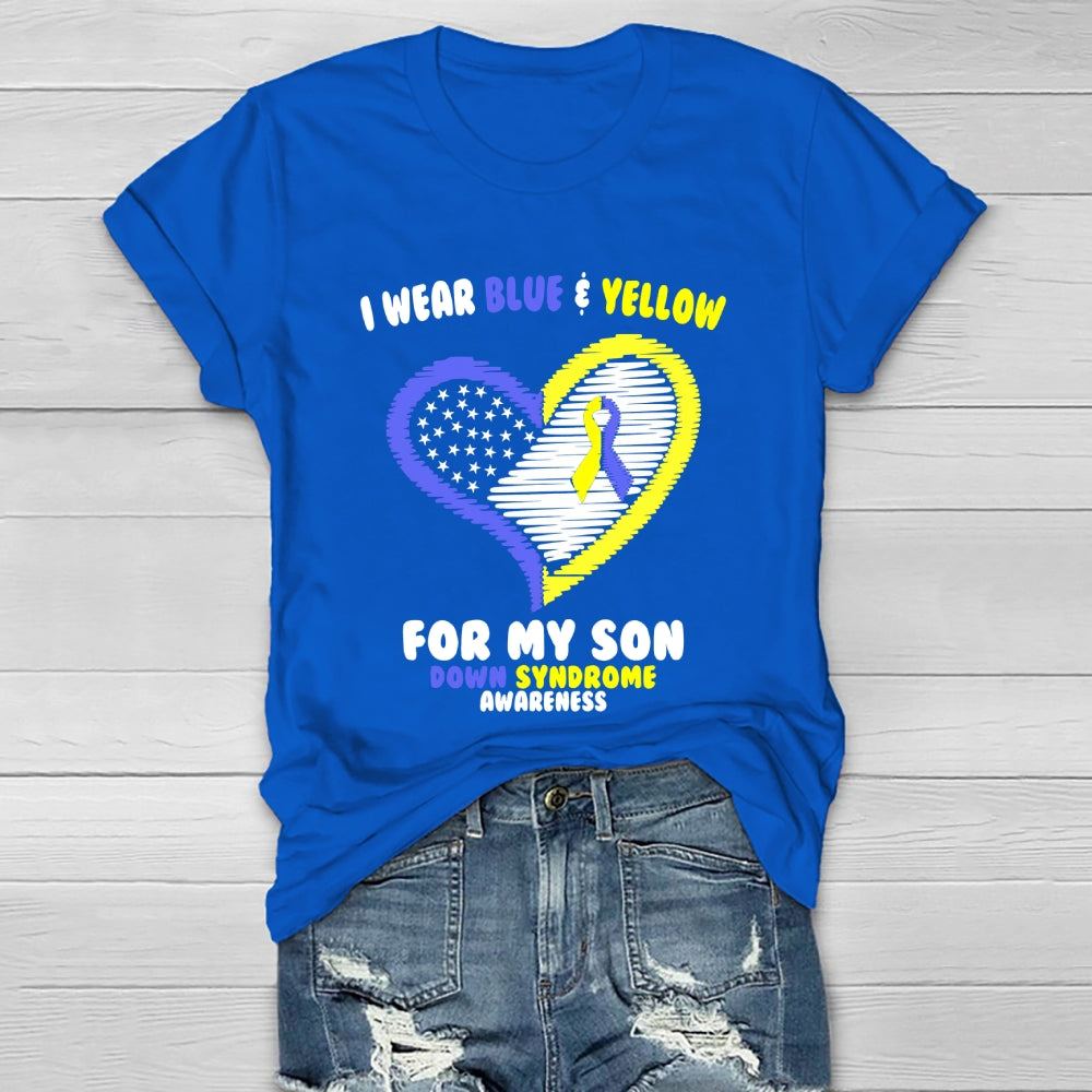 I Wear Blue Yellow For My Son Down Syndrome Awareness Healthwear T-shirt