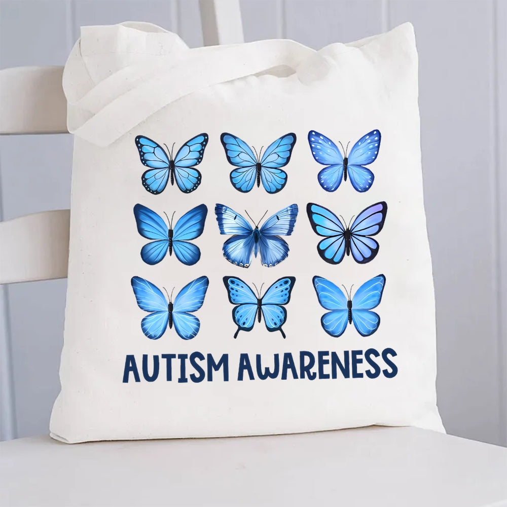Blue Butterfly Autism Awareness Canvas Tote Bag