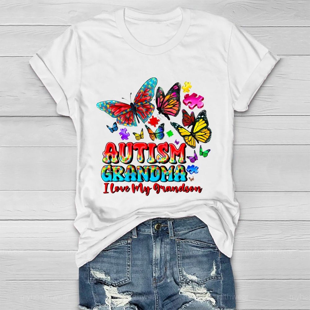 Butterfly Autism Grandma I Love My Grandson  Healthwear T-shirt