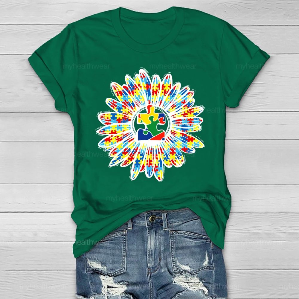 Autism Sunflower Colorful Puzzle Healthwear T-shirt