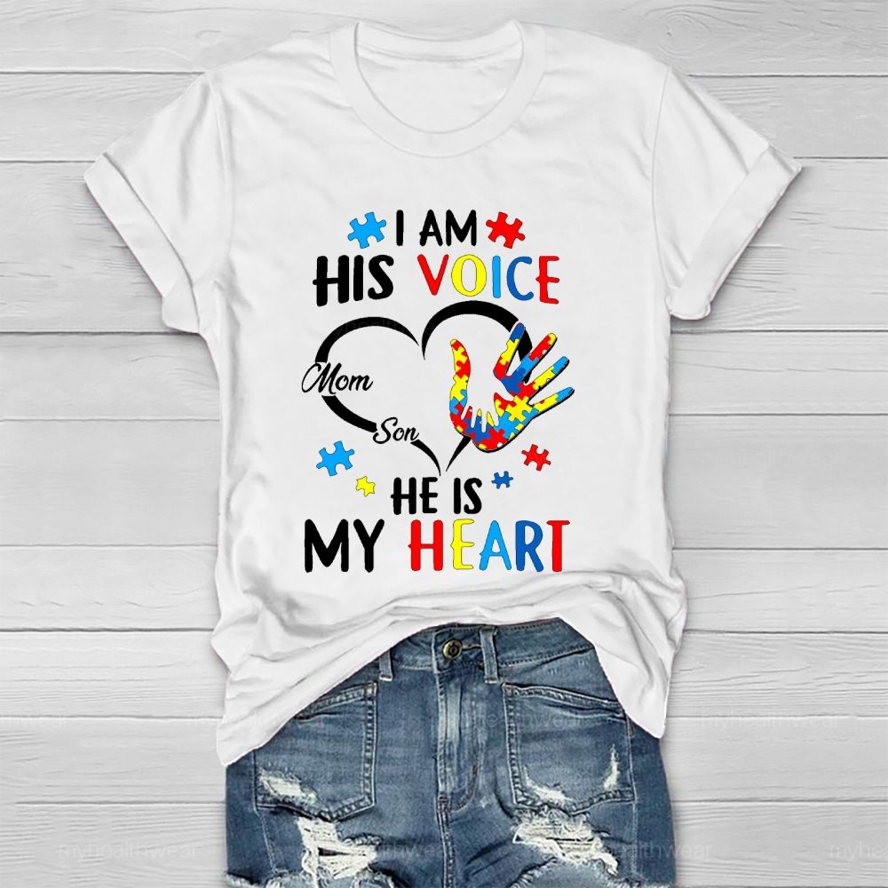 I Am His Voice He Is My Heart Autism Awareness Mom Son  Healthwear T-shirt