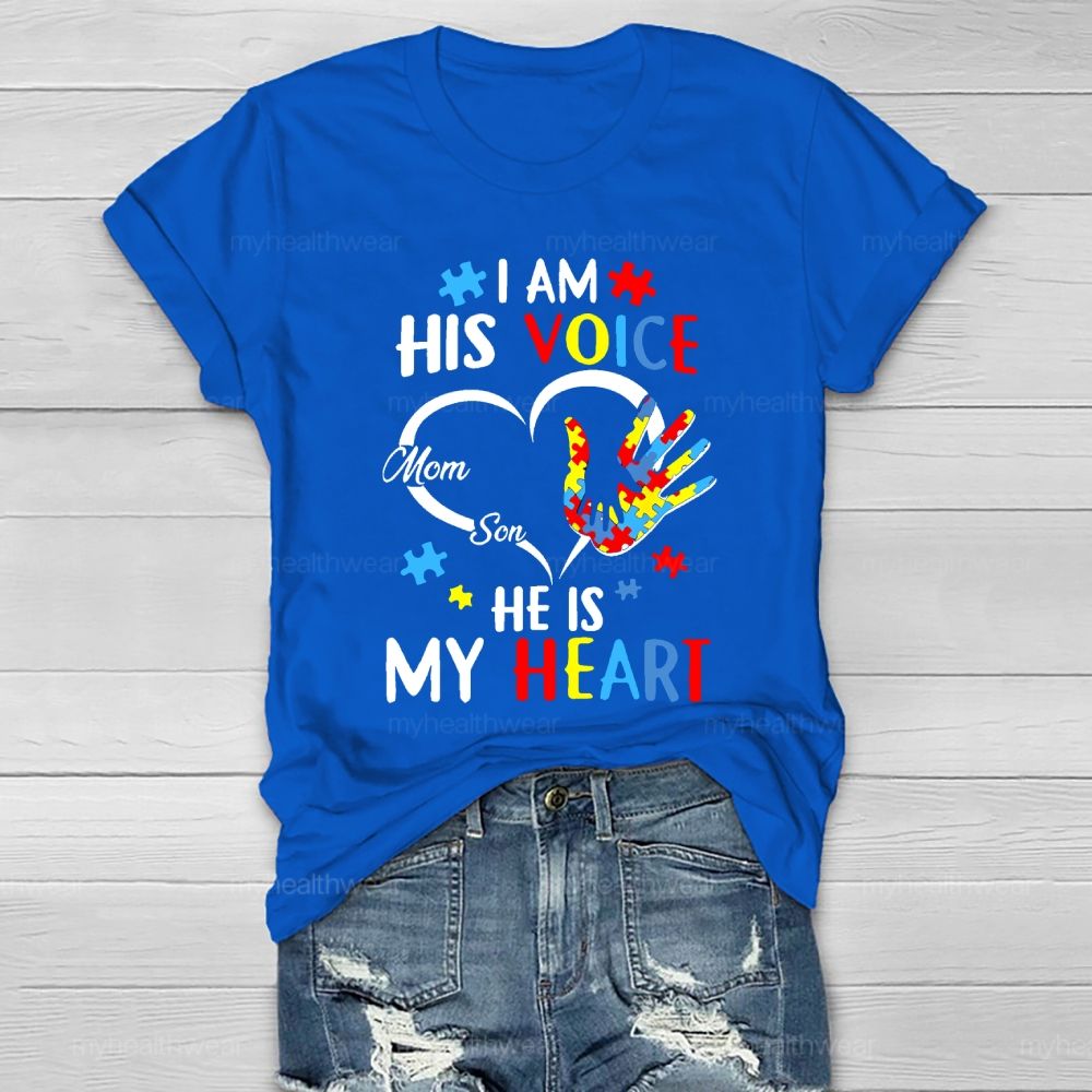 I Am His Voice He Is My Heart Autism Awareness Mom Son  Healthwear T-shirt