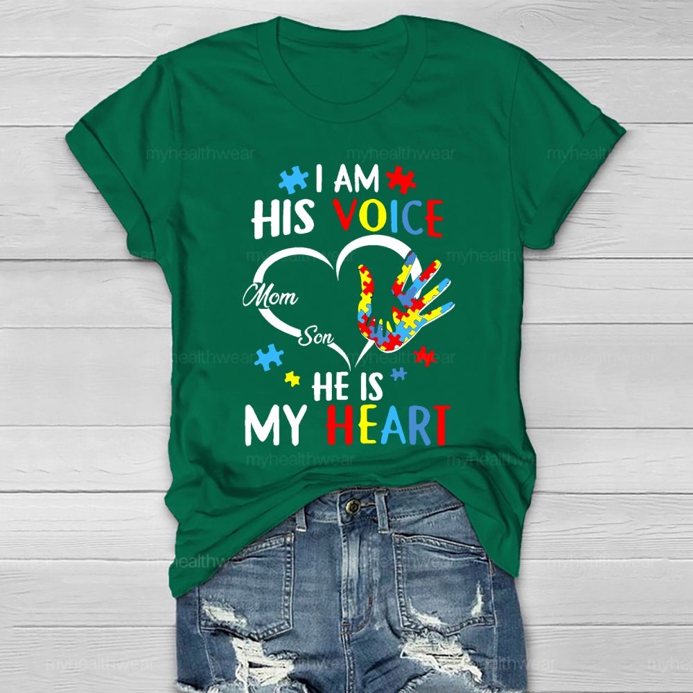 I Am His Voice He Is My Heart Autism Awareness Mom Son  Healthwear T-shirt