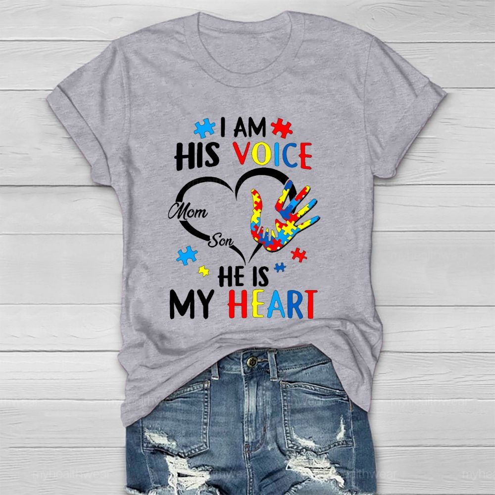 I Am His Voice He Is My Heart Autism Awareness Mom Son  Healthwear T-shirt