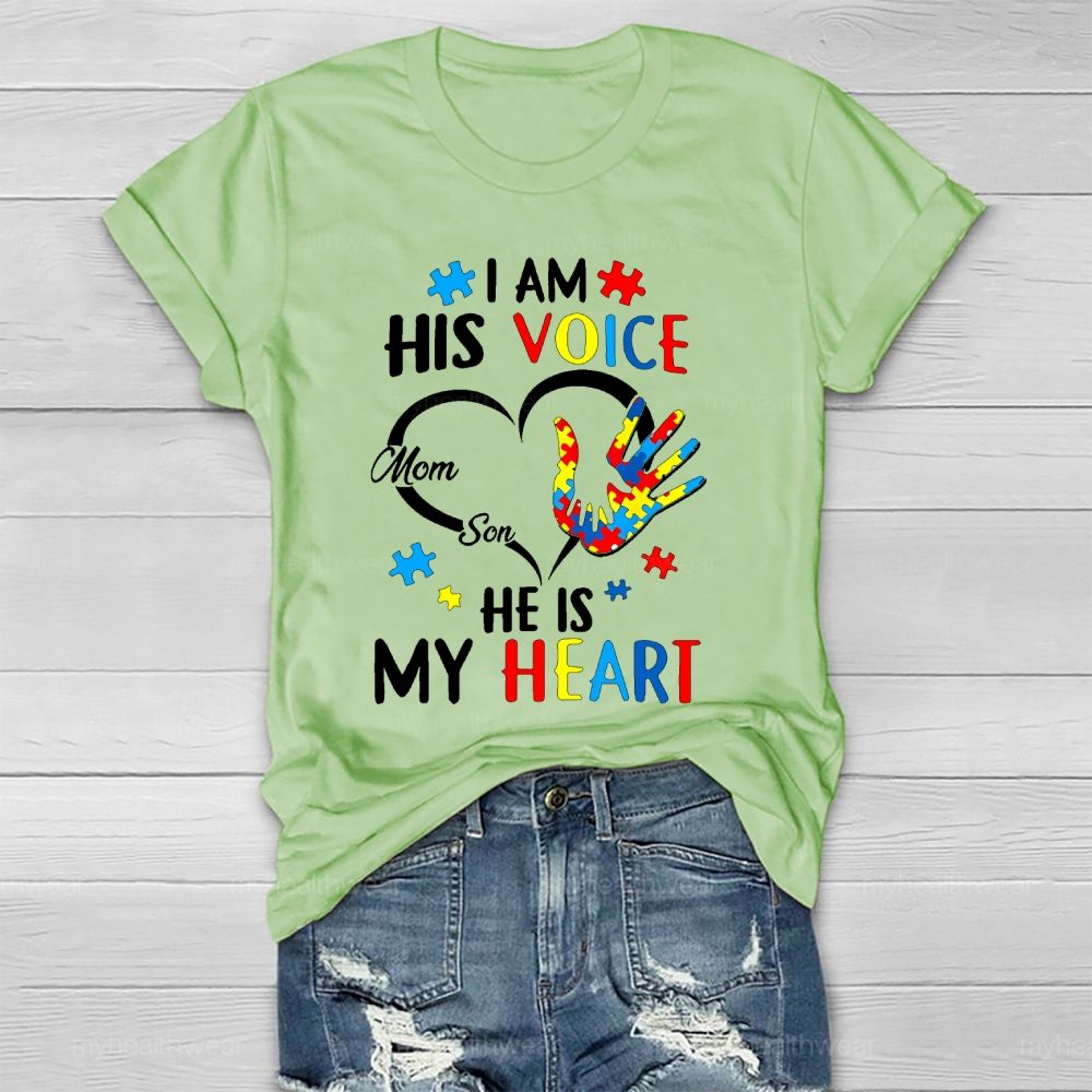 I Am His Voice He Is My Heart Autism Awareness Mom Son  Healthwear T-shirt
