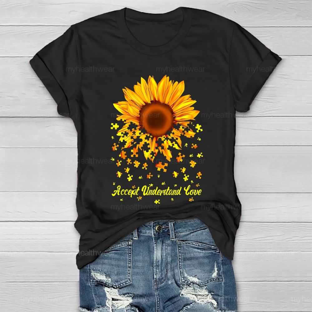 Accept Understand Love Puzzle Sunflower Healthwear T-shirt