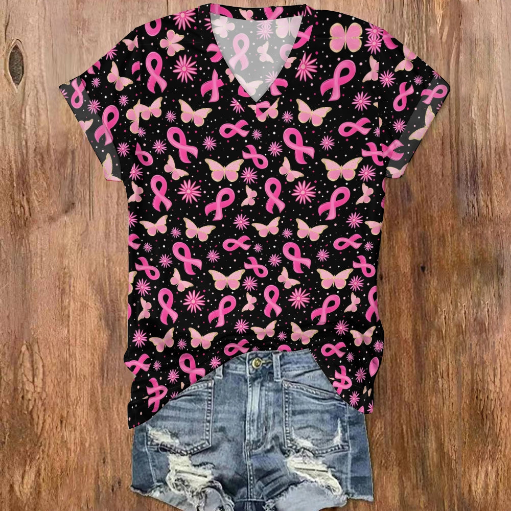 Pink Ribbon Butterfly All-Over Print V Neck T-shirt