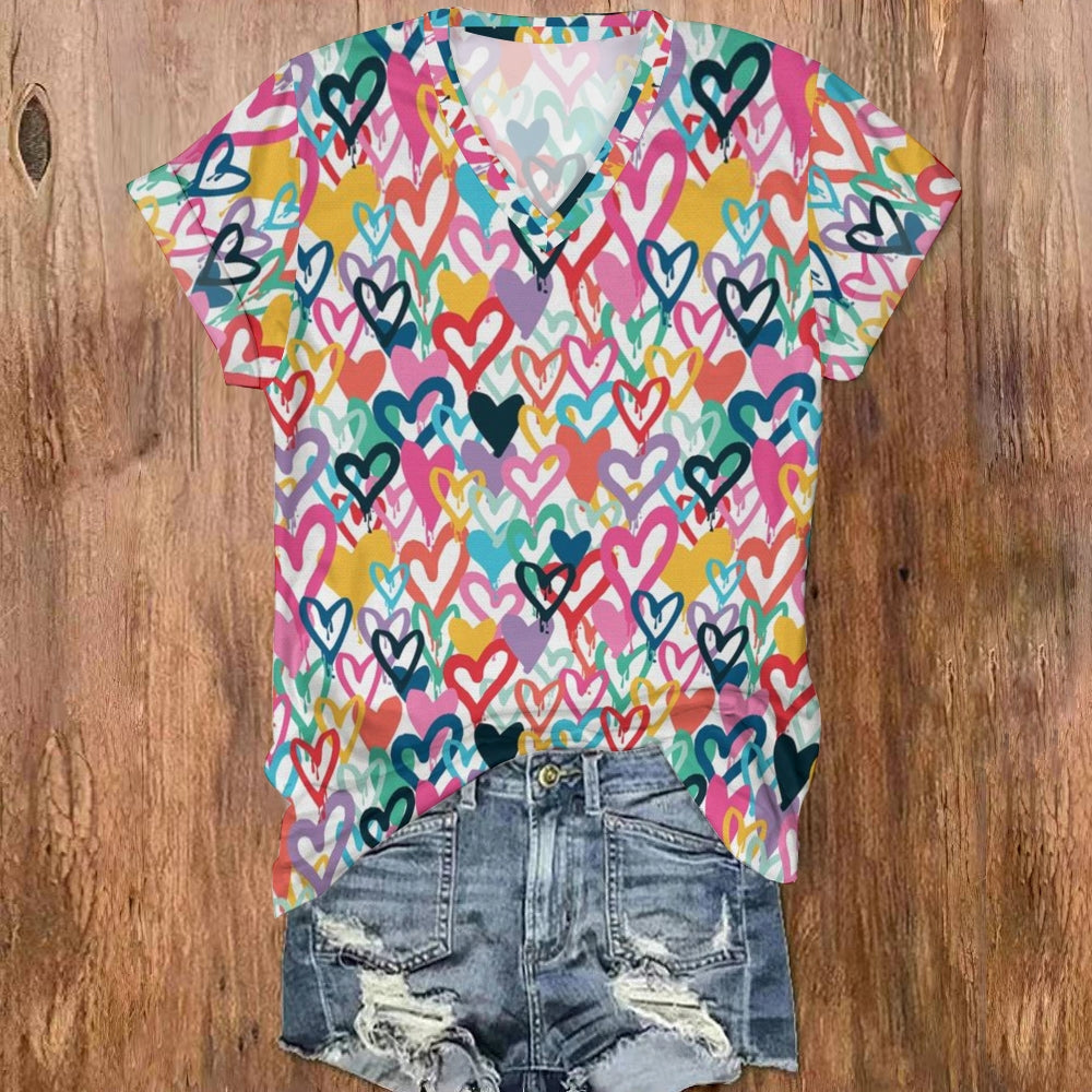 Full Print Colorful Hearts V Neck T-shirt