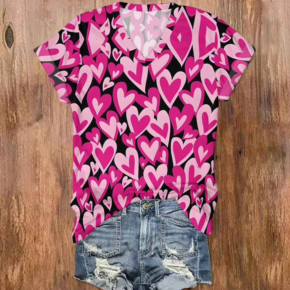 Pink Heart V Neck T-shirt