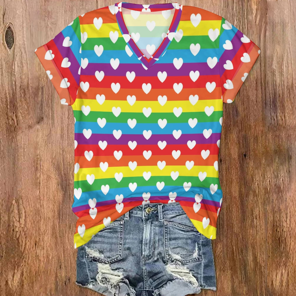 Colorful Striped Heart V Neck T-shirt