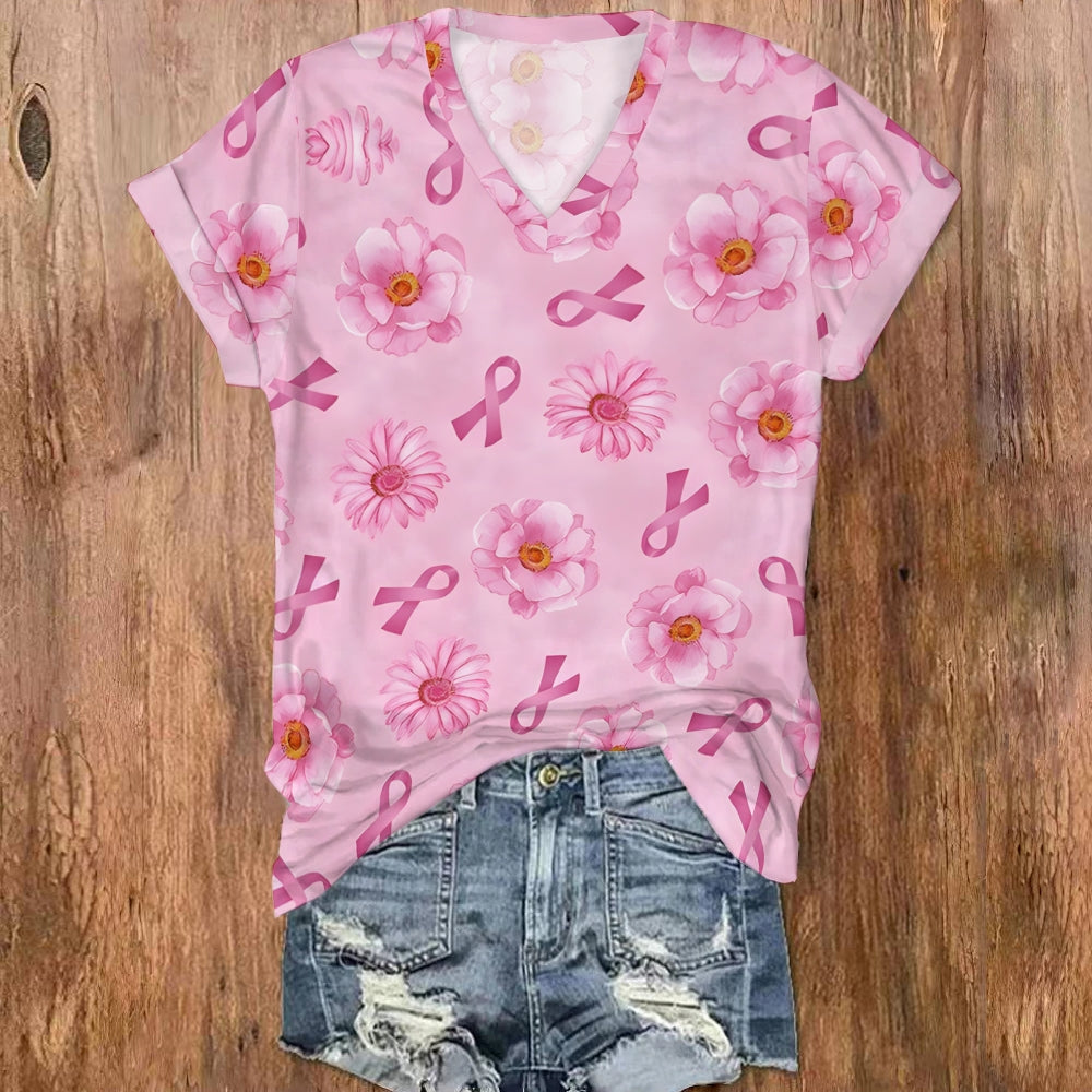 Pink Ribbon Flowers V Neck T-shirt