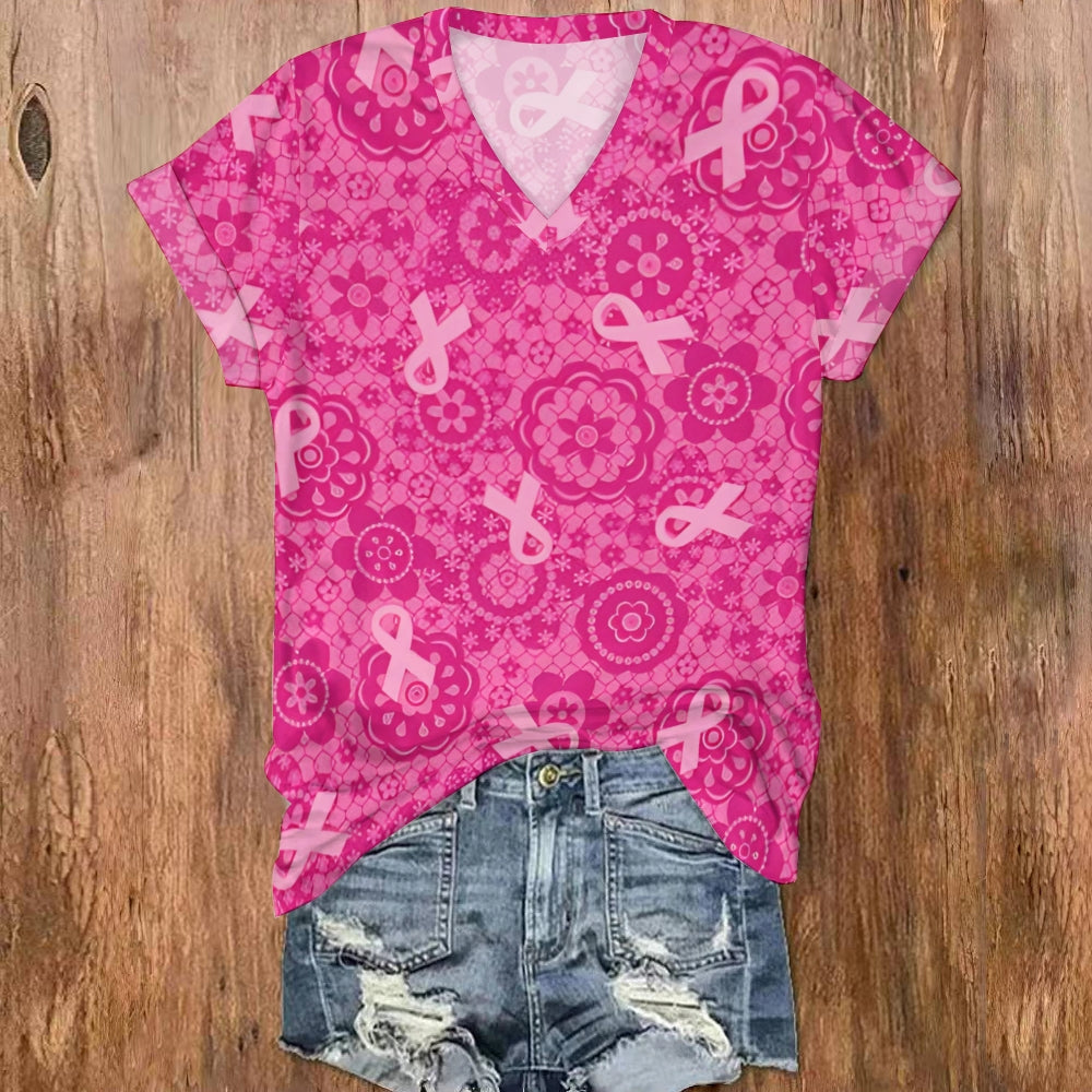 Pink Ribbon With Full Floral Print V Neck T-shirt