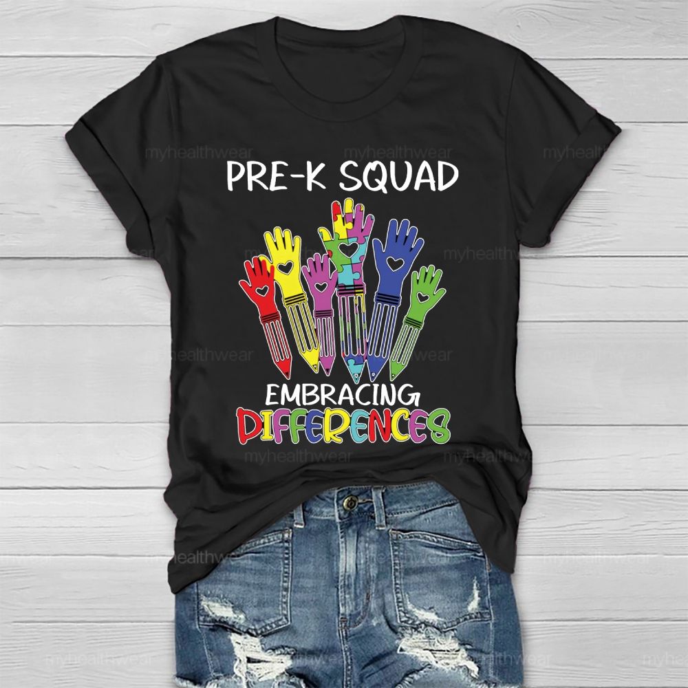 Pre-K Squad Embracing Differences Colorful letter Healthwear T-shirt