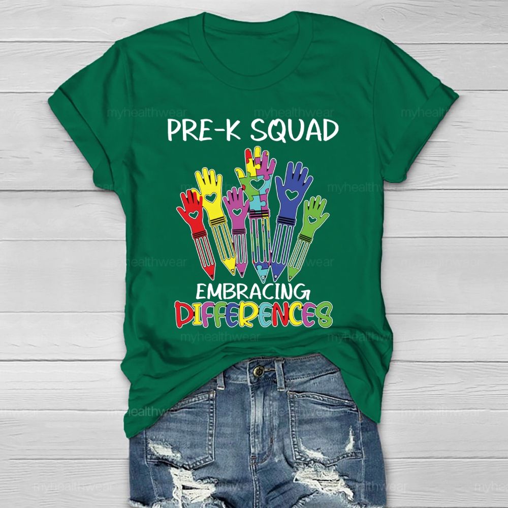 Pre-K Squad Embracing Differences Colorful letter Healthwear T-shirt
