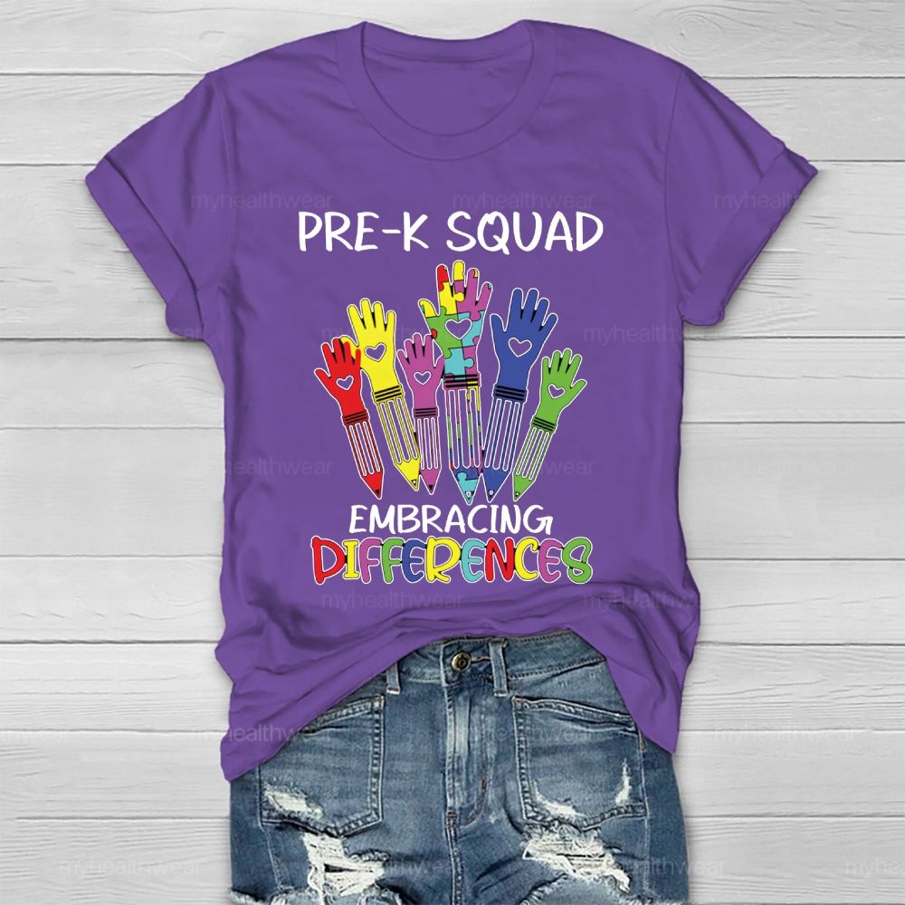 Pre-K Squad Embracing Differences Colorful letter Healthwear T-shirt