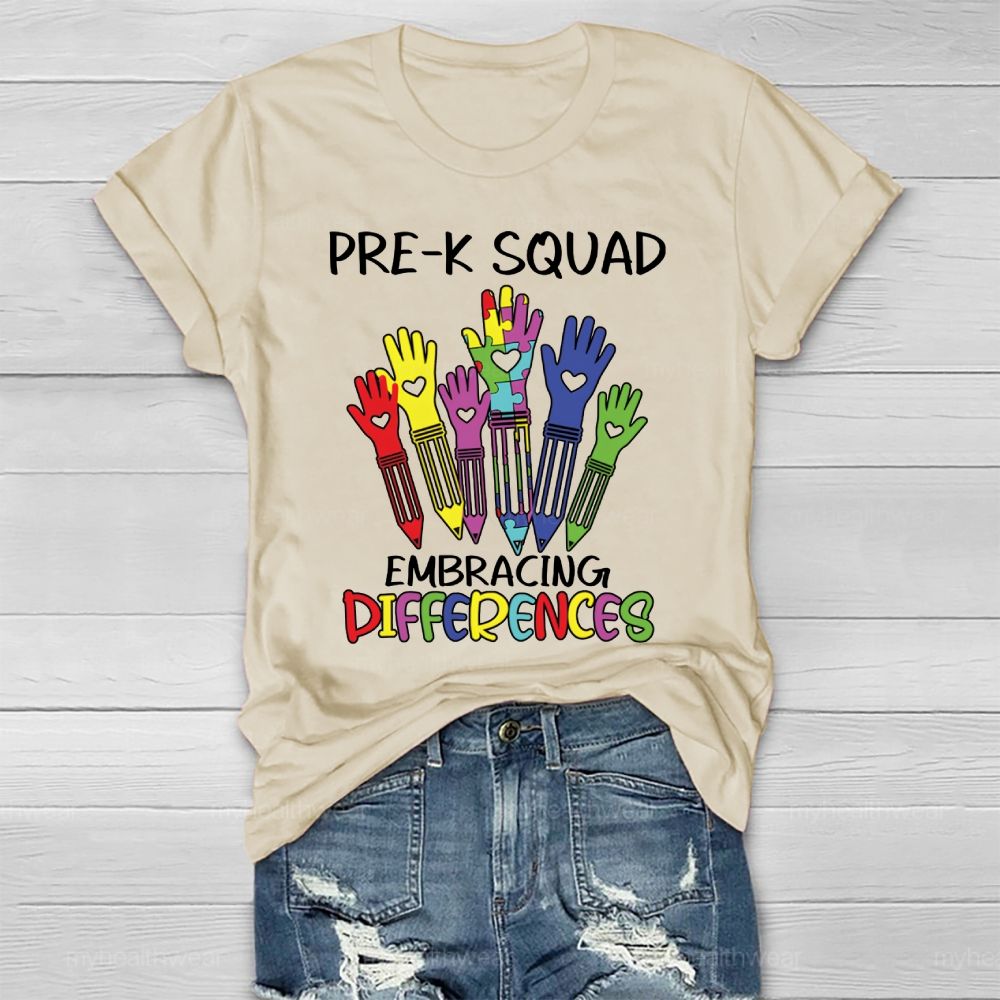 Pre-K Squad Embracing Differences Colorful letter Healthwear T-shirt