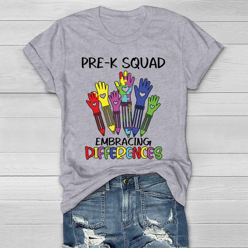 Pre-K Squad Embracing Differences Colorful letter Healthwear T-shirt