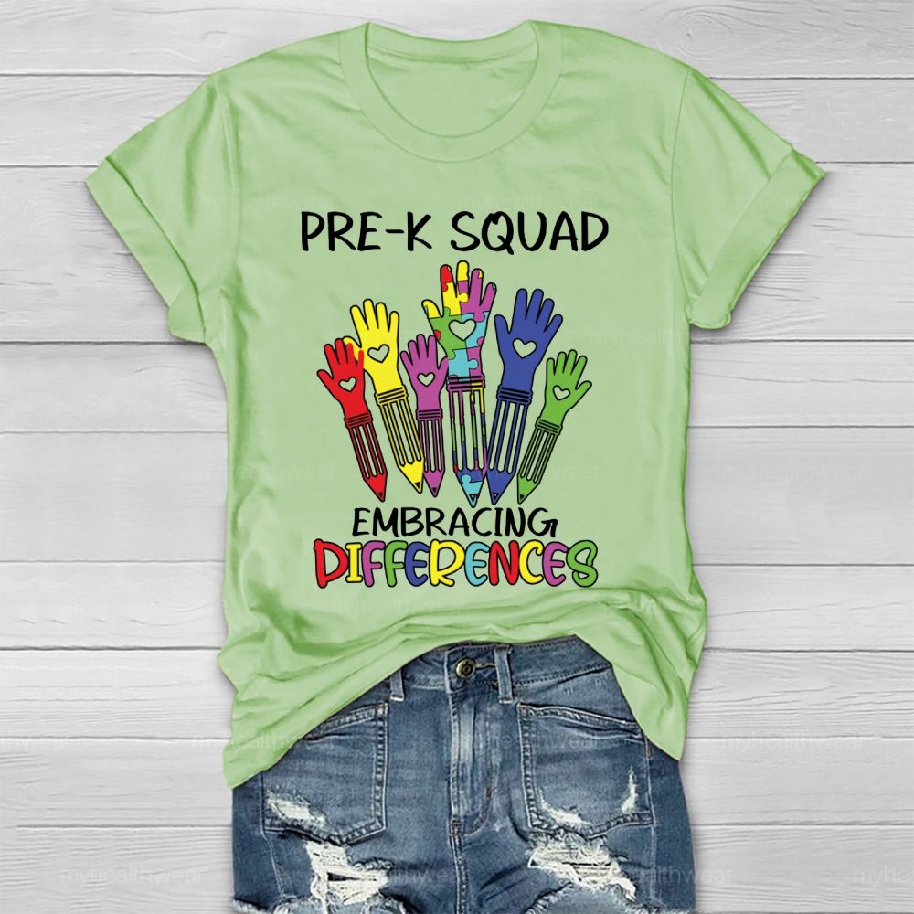 Pre-K Squad Embracing Differences Colorful letter Healthwear T-shirt