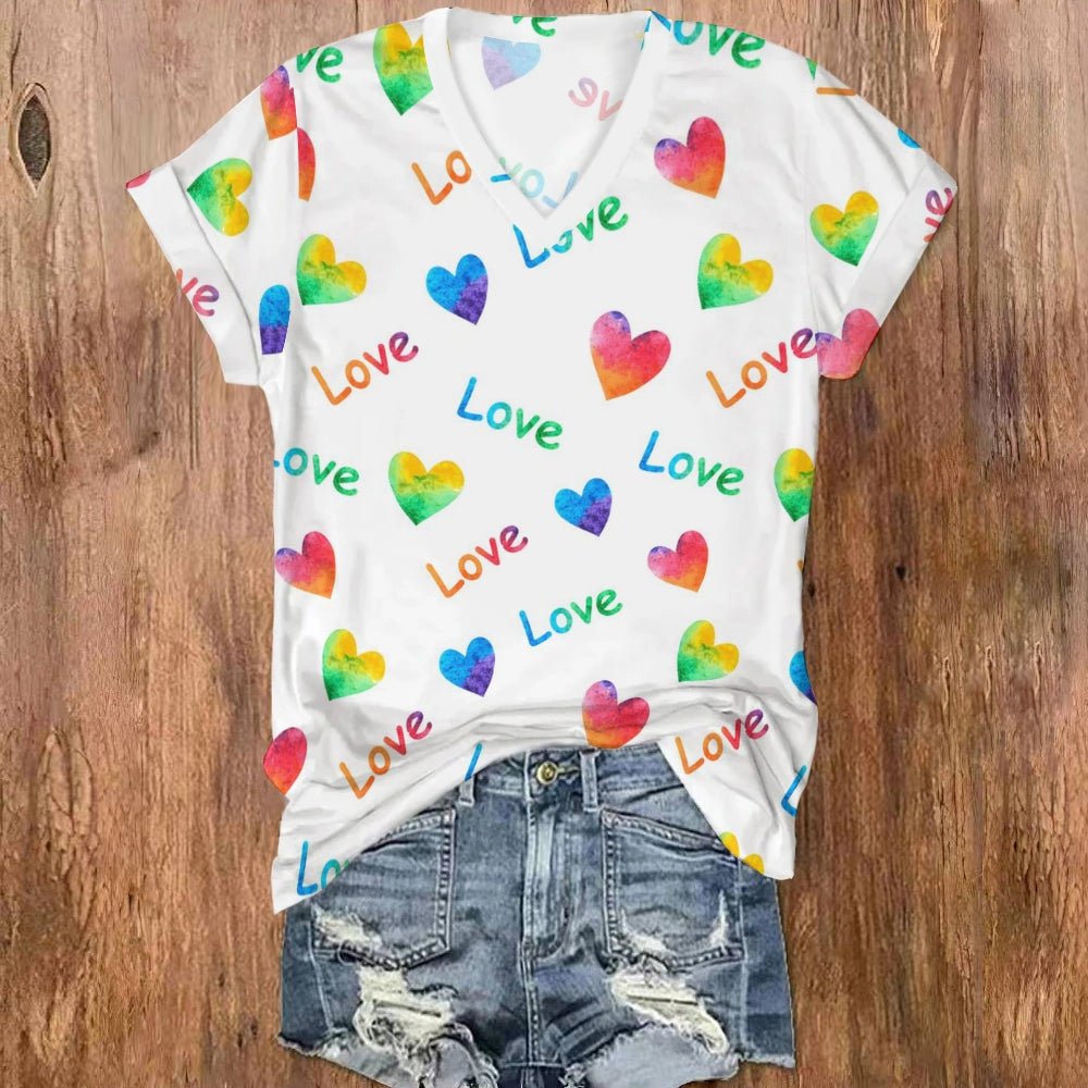 Love Colorful Letter Heart V Neck T-shirt