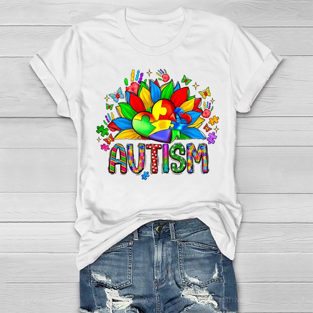 Autism Sunflower Heart Puzzle Healthwear T-shirt