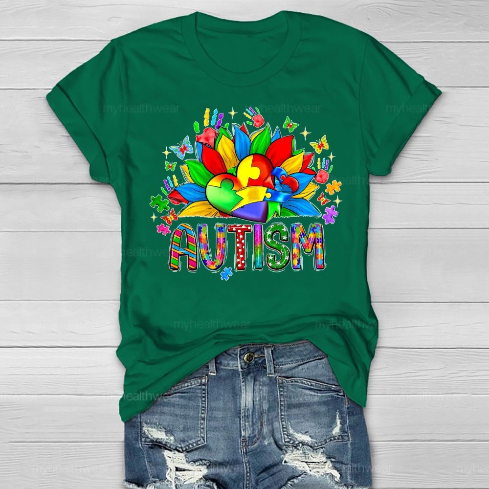 Autism Sunflower Heart Puzzle Healthwear T-shirt
