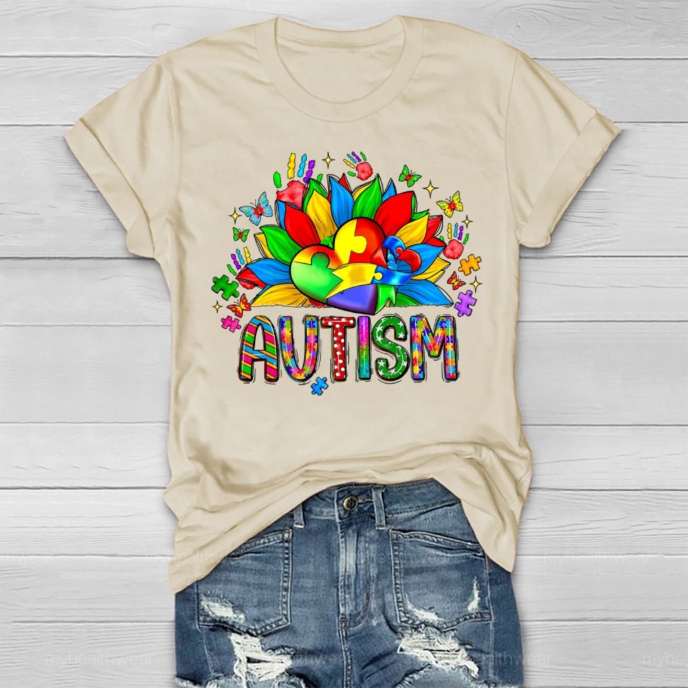 Autism Sunflower Heart Puzzle Healthwear T-shirt