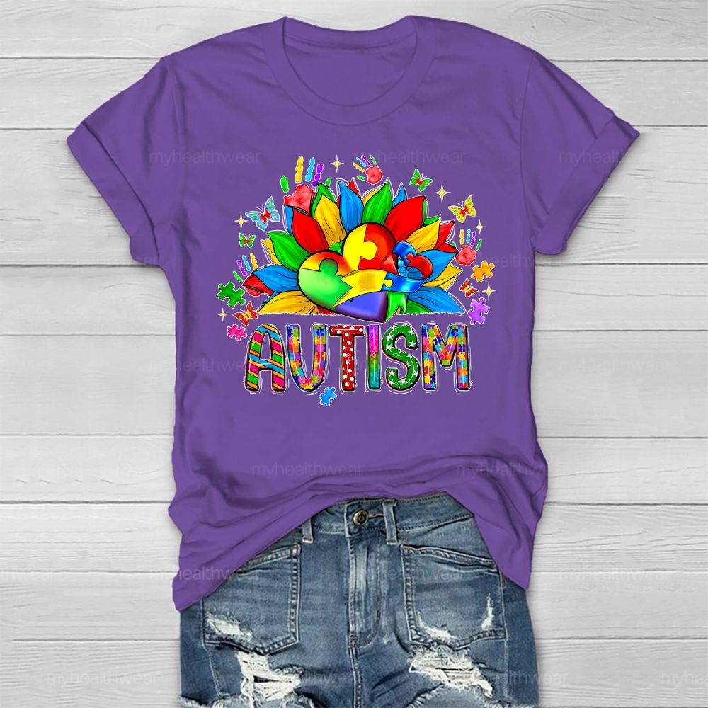 Autism Sunflower Heart Puzzle Healthwear T-shirt
