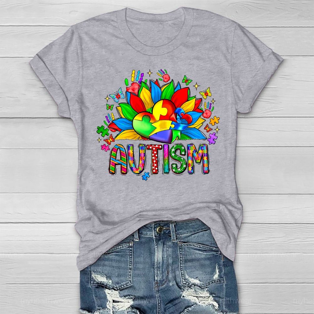 Autism Sunflower Heart Puzzle Healthwear T-shirt