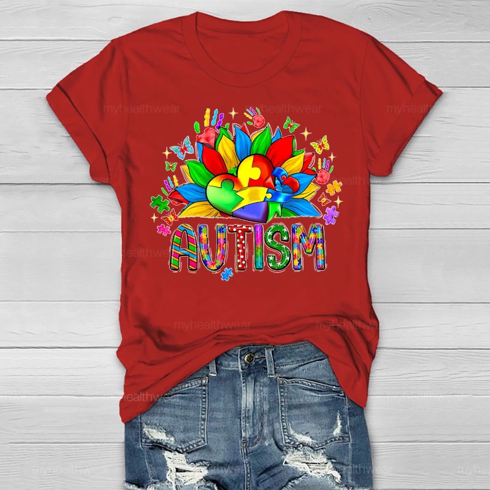 Autism Sunflower Heart Puzzle Healthwear T-shirt