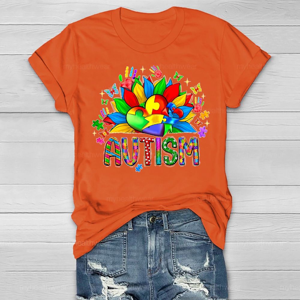 Autism Sunflower Heart Puzzle Healthwear T-shirt
