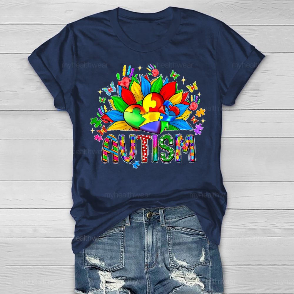 Autism Sunflower Heart Puzzle Healthwear T-shirt