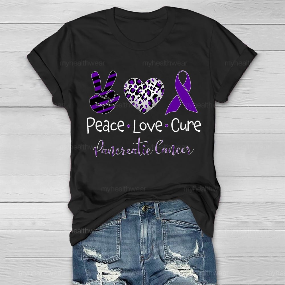 Peace Love Cure Purple Ribbon Pancreatic Cancer Awareness  Healthwear T-shirt