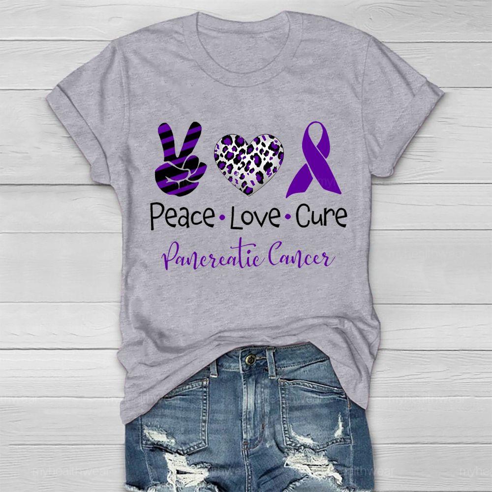 Peace Love Cure Purple Ribbon Pancreatic Cancer Awareness  Healthwear T-shirt