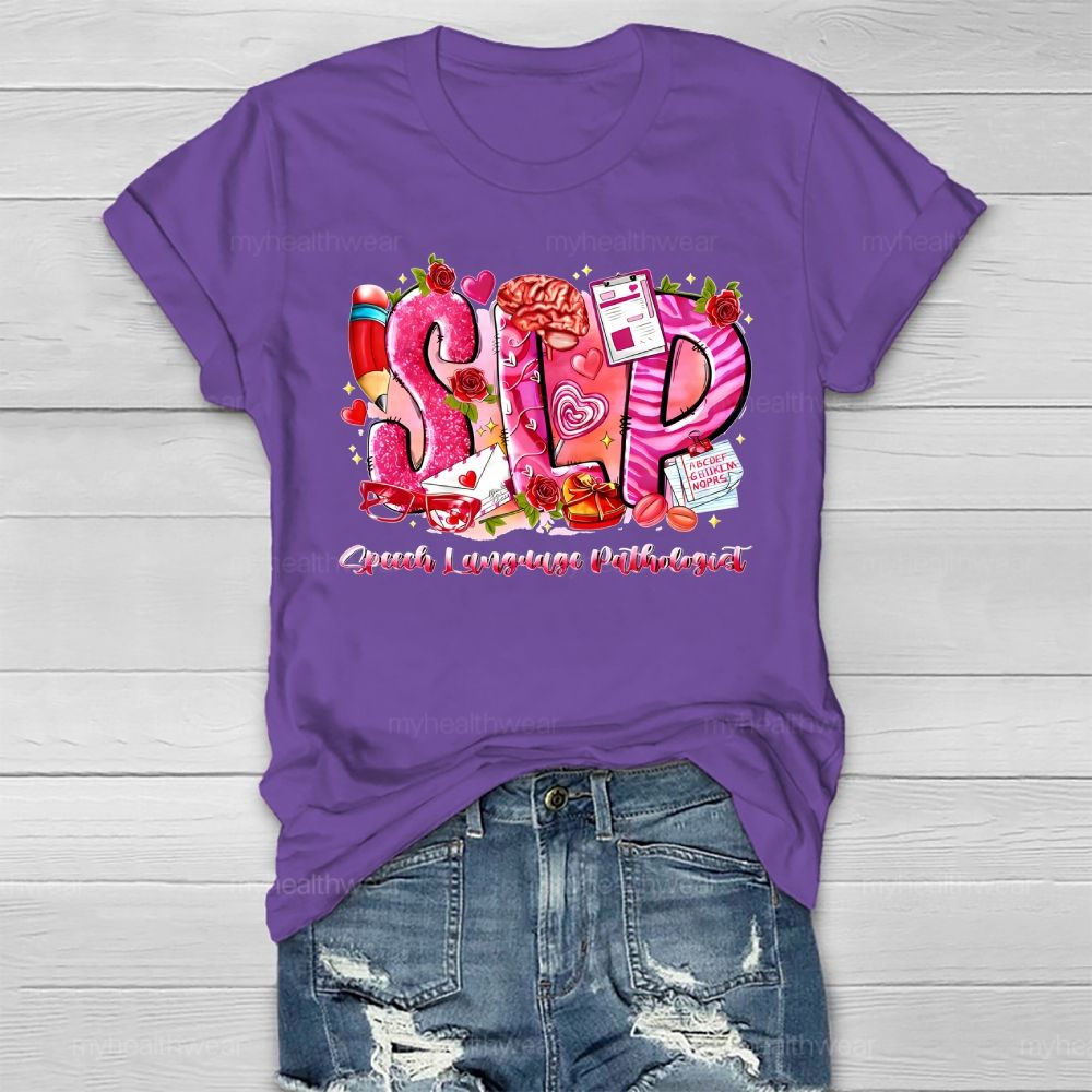 SLP Speech Language Pathologist Flower Pencil Heart Healthwear T-shirt