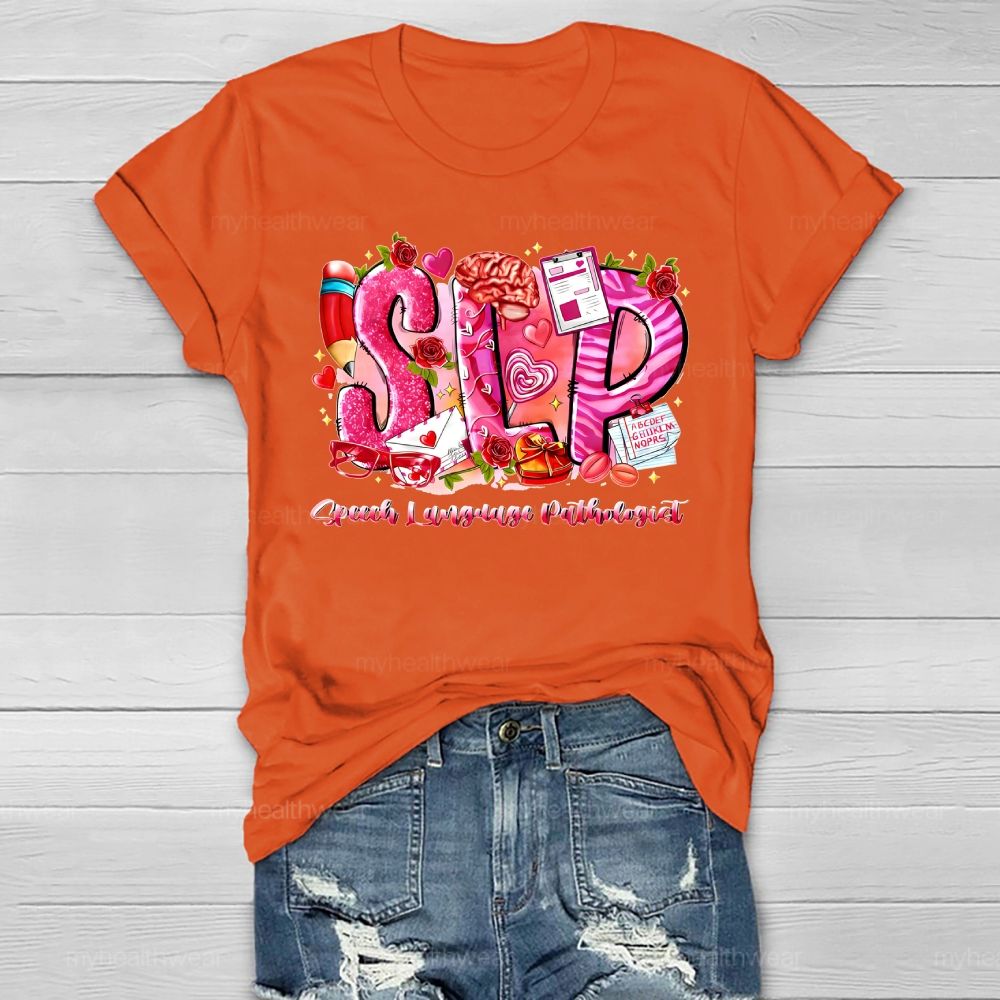 SLP Speech Language Pathologist Flower Pencil Heart Healthwear T-shirt