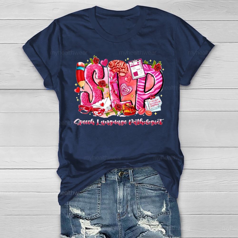 SLP Speech Language Pathologist Flower Pencil Heart Healthwear T-shirt