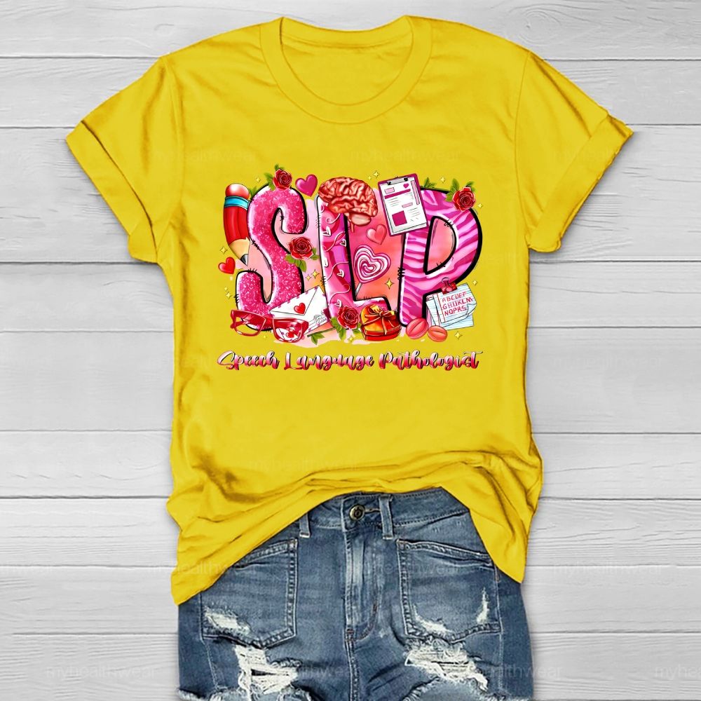 SLP Speech Language Pathologist Flower Pencil Heart Healthwear T-shirt
