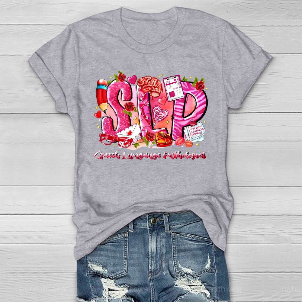 SLP Speech Language Pathologist Flower Pencil Heart Healthwear T-shirt