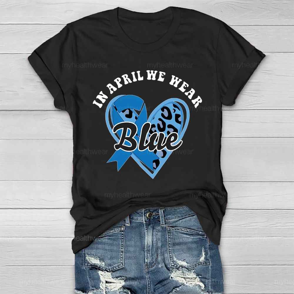 In April We Wear Blue Blue Ribbon Leopard Print Heart Healthwear T-shirt