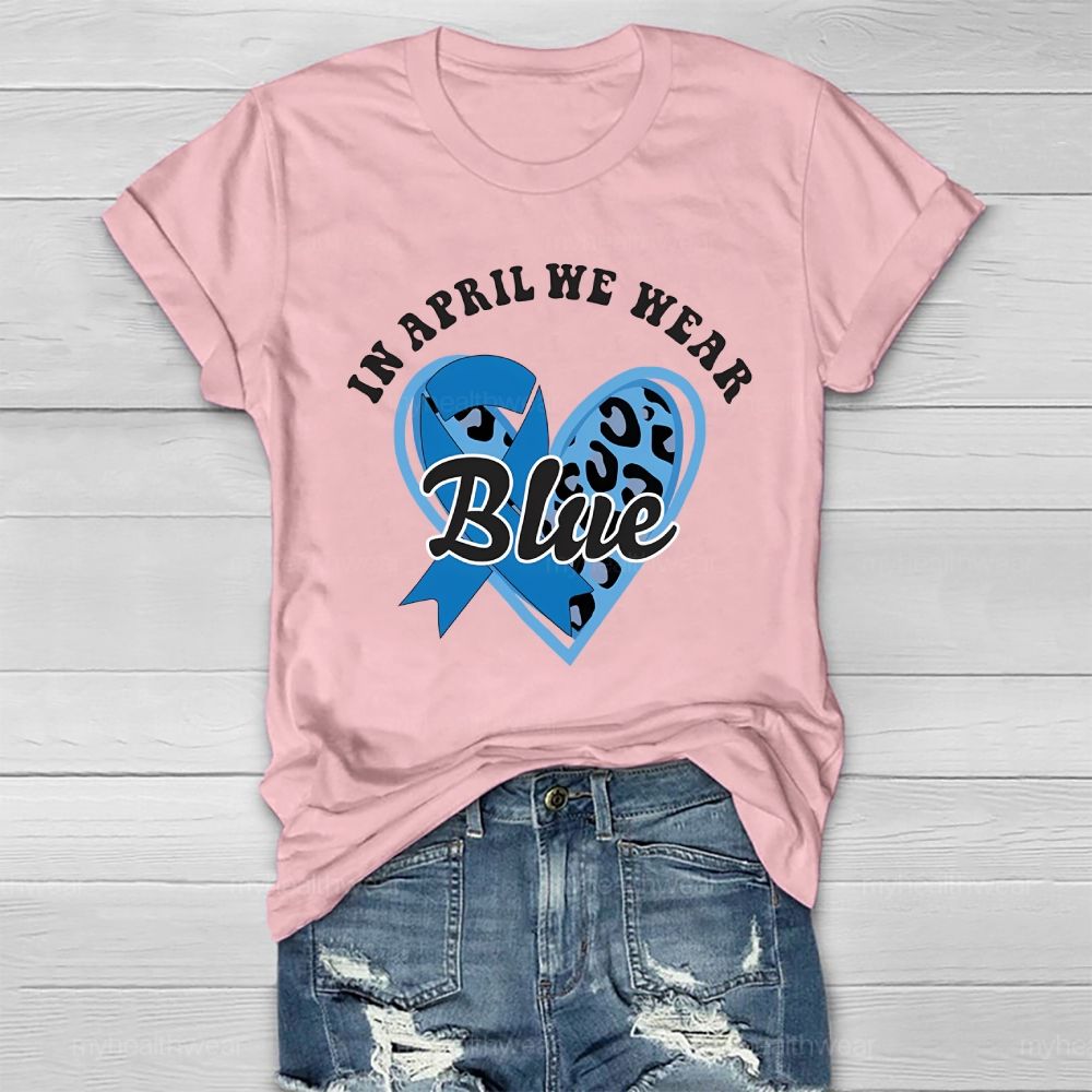 In April We Wear Blue Blue Ribbon Leopard Print Heart Healthwear T-shirt