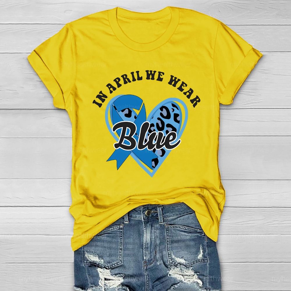 In April We Wear Blue Blue Ribbon Leopard Print Heart Healthwear T-shirt