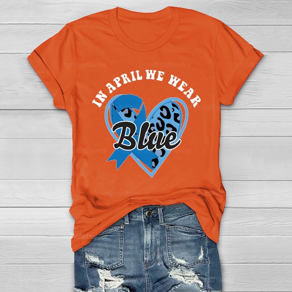 In April We Wear Blue Blue Ribbon Leopard Print Heart Healthwear T-shirt