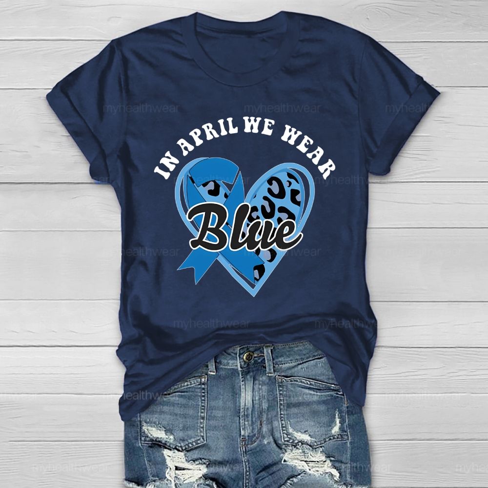 In April We Wear Blue Blue Ribbon Leopard Print Heart Healthwear T-shirt
