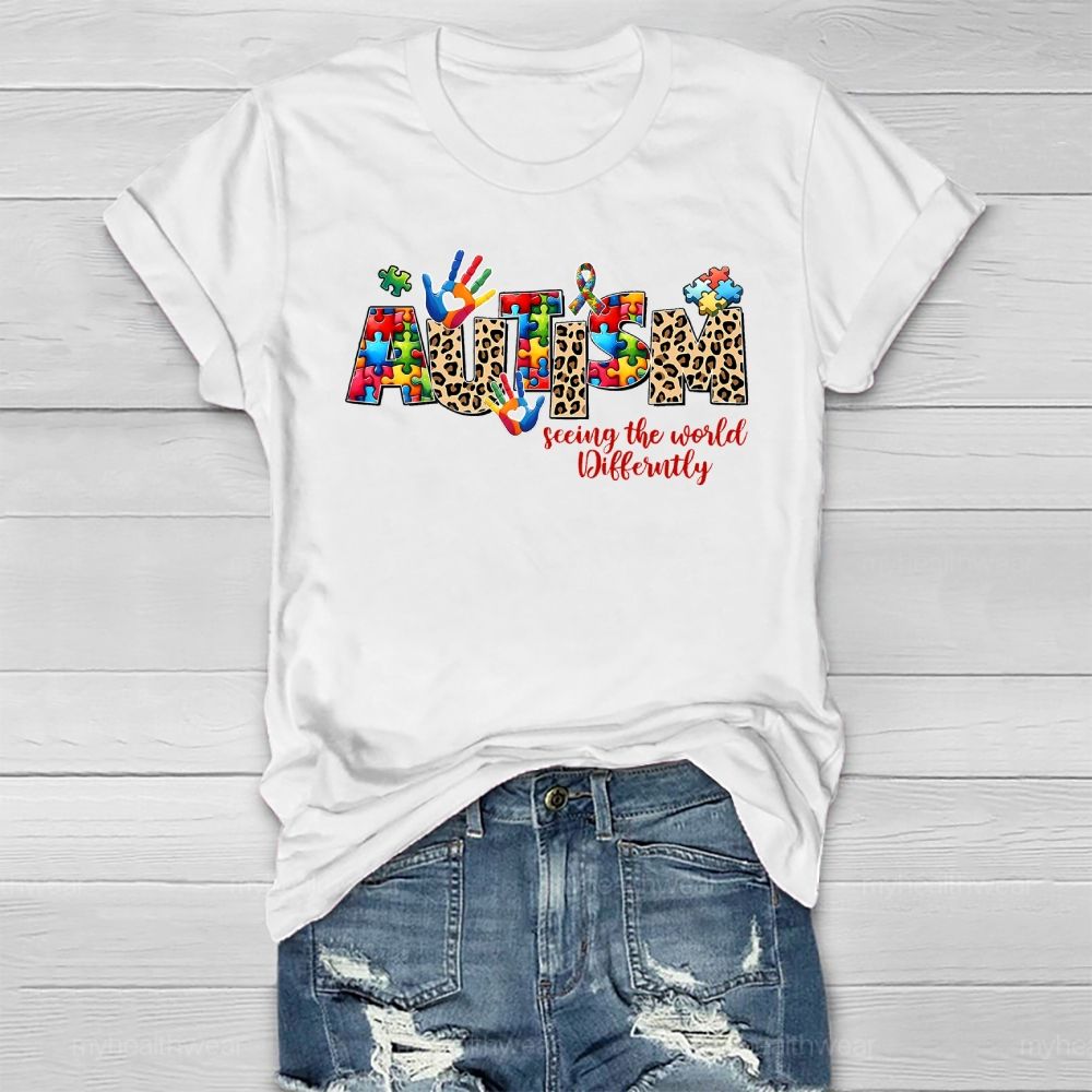 Autism Seeing The World Differently Leopard Print Letters Healthwear T-shirt