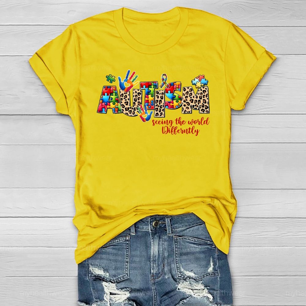 Autism Seeing The World Differently Leopard Print Letters Healthwear T-shirt
