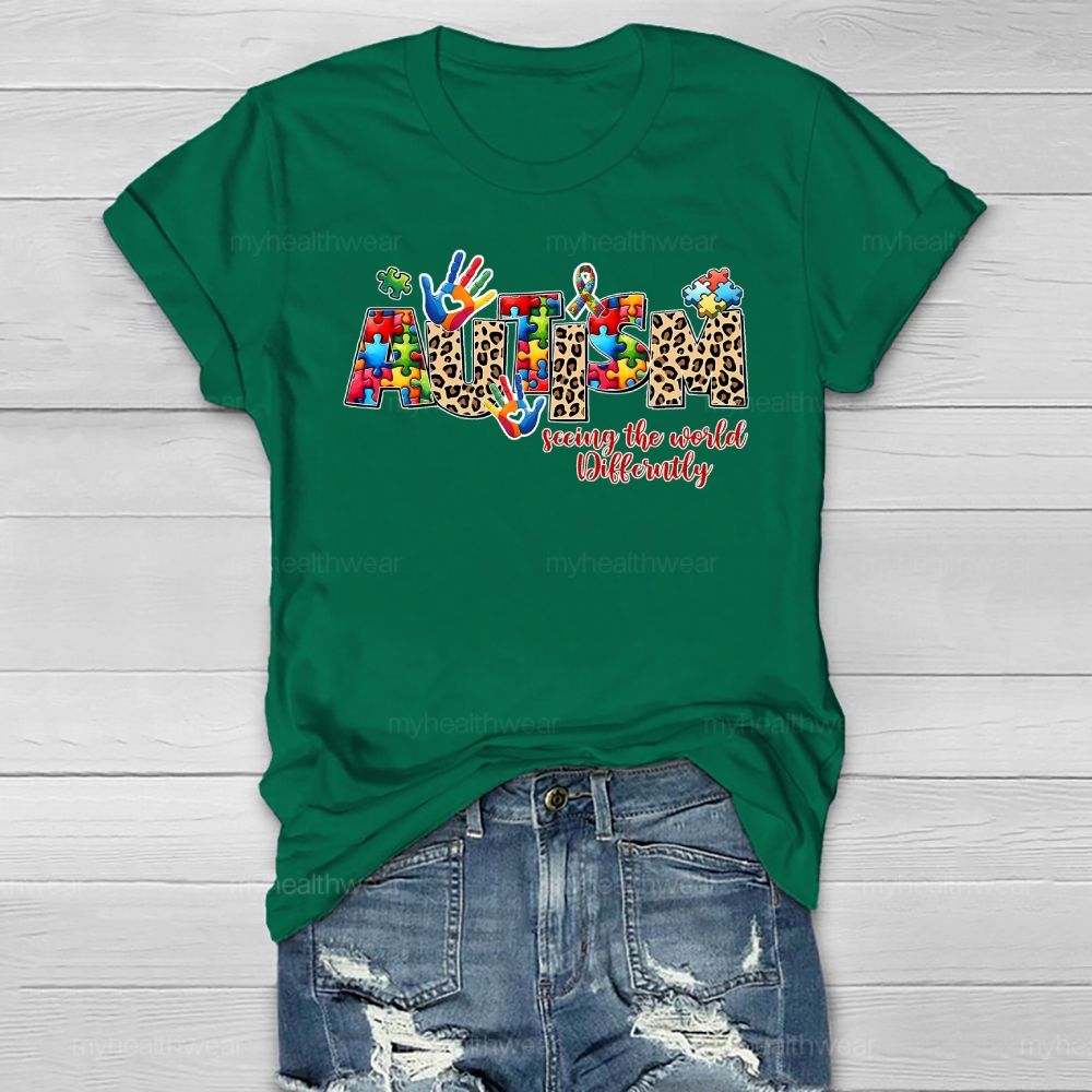 Autism Seeing The World Differently Leopard Print Letters Healthwear T-shirt