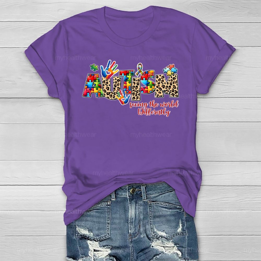 Autism Seeing The World Differently Leopard Print Letters Healthwear T-shirt