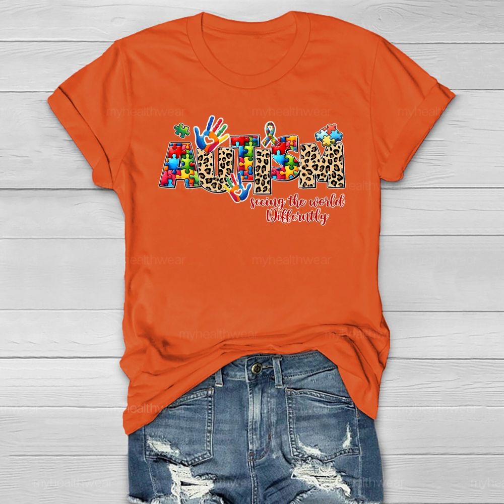 Autism Seeing The World Differently Leopard Print Letters Healthwear T-shirt