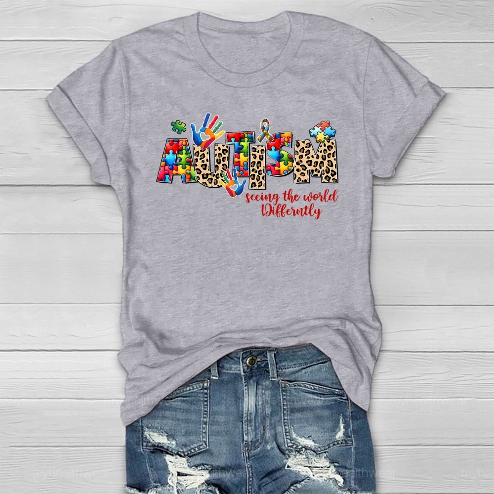Autism Seeing The World Differently Leopard Print Letters Healthwear T-shirt